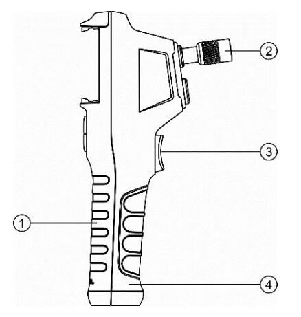 Chi tiết các sản phẩm của camera endoscope Autel MaxiVideo MV160: Thông tin về cạnh của thiết bị: 1. Tay cầm của máy – Tiện dụng khi cầm nắm, thiết kết tạo cảm giác thoải mái, mềm mại và chắc chắn. 2. Đầu nối cáp – Thiết bị  Autel Maxivideo MV160 được kết nối chắc chắn và vặn chặt với cáp camera, tạo cảm giác an toàn khi sử dụng 3. Nút chụp – Được thiết kế ngoài sau, tiện lợi và không gây cảm giác quá nặng nề cho người sử dụng. Chụp ảnh, bắt đầu và dừng quay video với 1 nút. Nhấn và giữ để chụp nhiều hình ảnh 4. Ngăn chứa pin – Pin được chứa trong tay cầm. Tiện lợi cho sự tháo rời sản phẩm