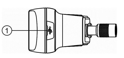 Camera endoscope được coi từ bên trên xuống: 1. Cổng mini USB/ Cổng nguồn – Kết nối thiết bị với máy tính thông qua cổng mini USB, cung cấp sạc pin và nâng cấp phần mềm. Kết nối thiết bị với cáp mini USB và bộ sạc để cấp nguồn hoặc sạc pin..