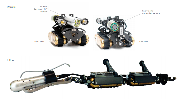 Thông số kỹ thuật về robot nội soi đường ống dài: Đánh giá độ sâu: 60 m (200 ft) Chiều dài dây buộc tối đa: 300 m (1000 ft) Tốc độ tối đa: 9 m (30 ft) mỗi phút tùy thuộc vào loại đường ray Trọng tải xe: 4,5 kg (10 lb) Mặt trước của máy ảnh Quang phổ 45 Tùy chọn: Spectrum 90 (song song) Camera phía sau Onyx (nội tuyến) Nhiệt độ hoạt động: 0–50 ° C (32–122 ° F) * Trọng lượng xe: 6,8 kg (15 lb) song song