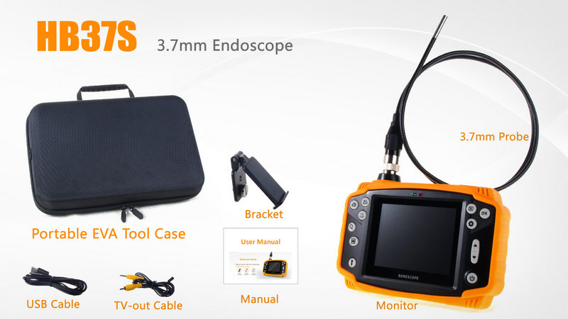 Delivery list of Industrial quality borescope: 1 bag x Tool 1 x HB server (with silicone protection cap) 1 x Bracket 1 x USB cable 1 x TV Cable 1 x Instruction Manual 1 x HB37S cable with lens (1 meter) 1 x Plastic base 1 x EVA Tool Box